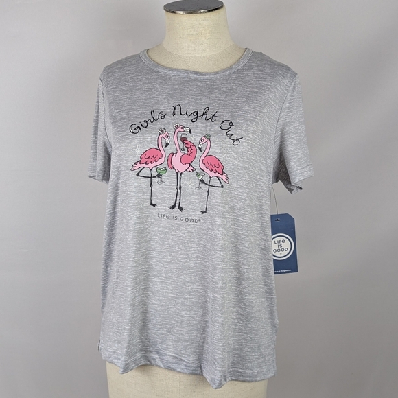 Life Is Good Flamingo Girls Night Out PJ Set Short Sleeve Shorts Pink Grey M NWT - Picture 2 of 13
